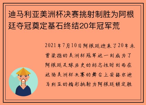 迪马利亚美洲杯决赛挑射制胜为阿根廷夺冠奠定基石终结20年冠军荒
